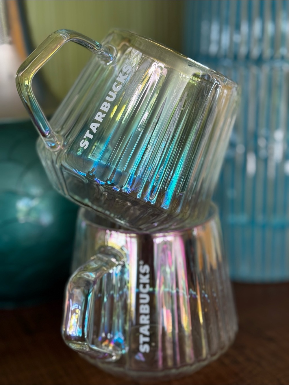 Starbucks Ribbed Luster Holiday 2024 Glass Mug Set of 2 Limited Edition Rainbow
